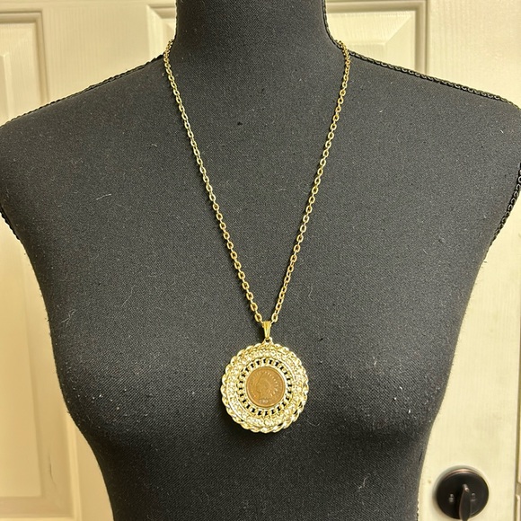 Copper 1902 Indian Head Penny Pendant Rhinestone Gold Rope Twist Necklace - Picture 1 of 7